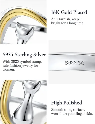Miniatura 4 de SILVERCUTE Women Cat Ring 925 Sterling Silver 18K Gold Plated Cat on The Moon Cute Wrap Ring Adjustable