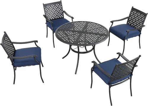 Miniatura 9 de Lokatse Home. Juego de 4 sillas para comedor de hierro forjado para exteriores, con brazos y cojines de asiento. Negro