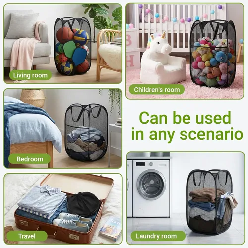 Miniatura 7 de BATTOO Cesta de lavandería desplegable de malla fuerte de lujo con bolsillo lateral para lavandería, baño, habitación de los niños, dormitorio