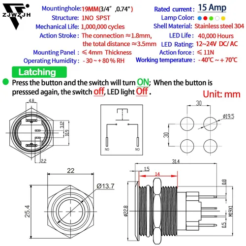 Miniatura 2 de Interruptor de botón de cierre de 15 amperios 19 mm 3/4 "agujero 12V/24V CC impermeable IP67 SPST de acero inoxidable 304 interruptor