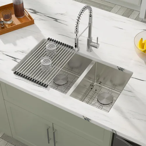 Miniatura 2 de Dcolora DC-U7730 - Fregadero de cocina de 33 pulgadas con doble tazón dividido 60/40 de calibre 16 de acero inoxidable 304, esquinas redondeadas