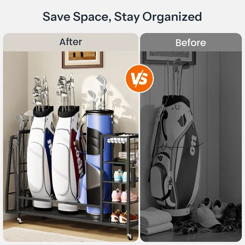 Miniatura 5 de HOOBRO Golf Bag Storage Garage Organizer, Golf Bag Storage Stand Fits 3 Golf Bags and Golf Equipment Rack with Wheels, Extra Storage Rack for