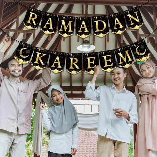 Miniatura 5 de Cartel de Ramadán Mubarak para decoración de fiesta, linterna de luna negra dorada y negra, banderines colgantes de Ramadán Kareem, suministros