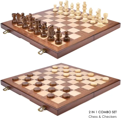 Miniatura 2 de AMEROUS Juego de ajedrez y damas de madera con piezas de ajedrez ponderadas mejoradas, juegos de mesa de ajedrez de 15 pulgadas (2 en 1) para niños