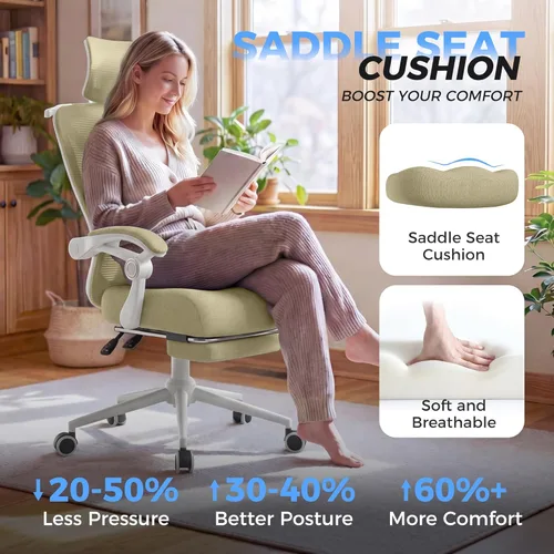 Miniatura 4 de Silla de oficina ergonómica con reposapiés, soporte lumbar ajustable y reposacabezas, silla de computadora reclinable de malla de 90-160°, oficina
