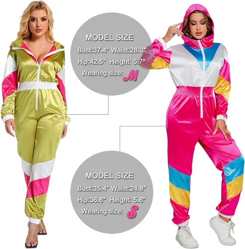 Miniatura 7 de Yisfri Traje retro de una pieza con bloques de color para mujer, traje retro de los años 80 con cintura elástica con capucha