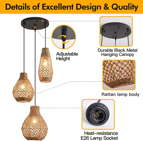 Miniatura 6 de Lámpara colgante de ratán de 3 luces, estilo bohemio, tejido de mimbre, costero, para colgar en el techo, para cocina, isla, sala de estar, comedor