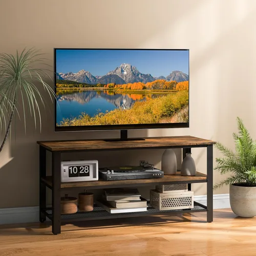 Miniatura 3 de Tangkula Soporte de TV pequeño para televisores de hasta 50 pulgadas, mesa consola de TV de 3 niveles con tomas de corriente, puertos USB, estantes