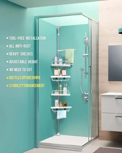 Miniatura 2 de ADOVEL Organizador de ducha esquinero de 4 capas, organizador de ducha con poste de tensión constante de acero inoxidable, estante de ducha de Negro
