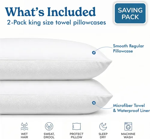 Miniatura 2 de DryZzz Funda de almohada impermeable de 35 x 19 pulgadas, 2 piezas, tamaño King, absorbente, toalla de doble cara, cabello húmedo y seco, a prueba