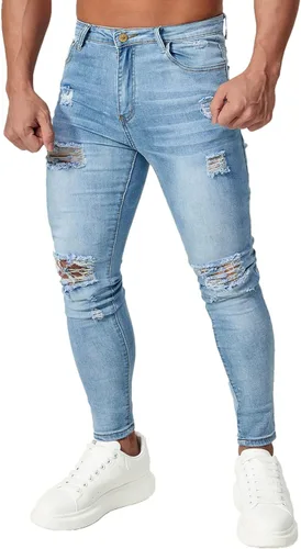 Miniatura 5 de HUNGSON Pantalones de mezclilla ajustados rasgados para hombre