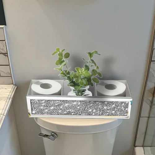 Miniatura 2 de Wocred Cesta de Baño Actualización de Tanque de Inodoro, Bandeja de Baño con Espejo de Diamante Triturado Montada en la Pared, Organizador