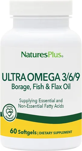 NaturesPlus Ultra Omega 3 6 9 - Aceite de borraja, aceite de pescado, suplemento de aceite de lino - 1200 mg, 60 cápsulas blandas - Sin gluten - 60