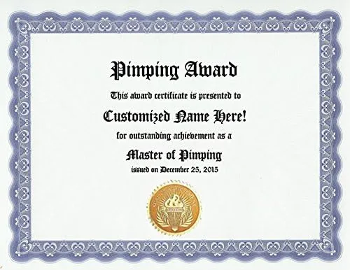 Pimp Pimping Award: Certificado de premio personalizado (Regalo de broma de regalo personalizado divertido - Artículo novedoso único)