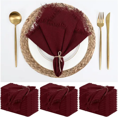 Miniatura 37 de Paquete de 12 servilletas de lino y algodón beige de 16 x 16 pulgadas, hechas a mano con flecos, servilletas de tela suave, lavables y rústicas