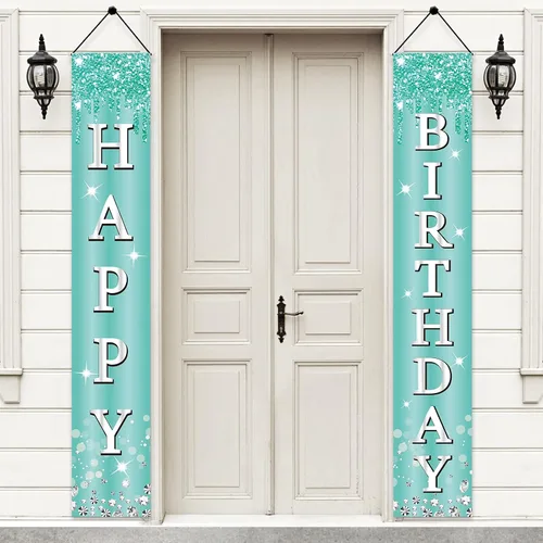 Cartel de feliz cumpleaños de color verde azulado plateado para niñas y mujeres, letrero de porche azul desayuno, suministros de fiesta, 10, 13, 16,