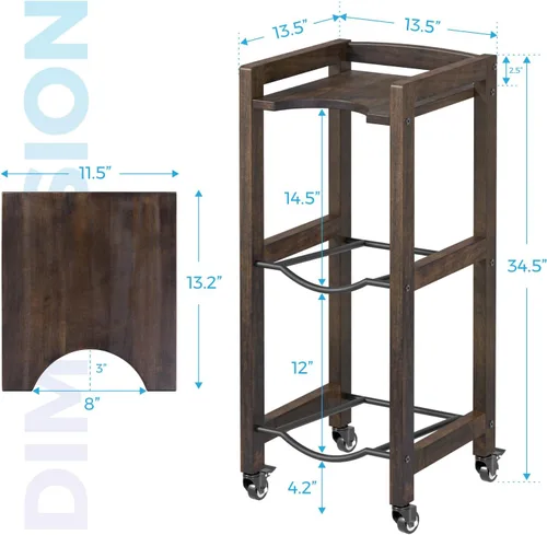 Miniatura 2 de Soporte para jarra de agua de 3 niveles y 5 galones con estante superior, 4 ruedas de metal o pies ajustables, soporte de piso dispensador de agua