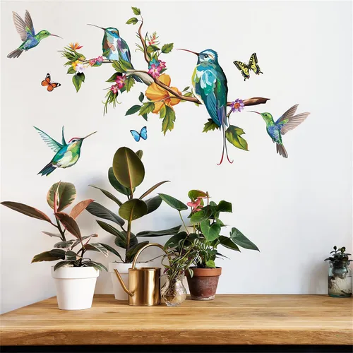 Calcomanías de pared de colibríes y mariposas coloridas, calcomanías de pared de animales voladores de animales voladores, vinilo extraíble para