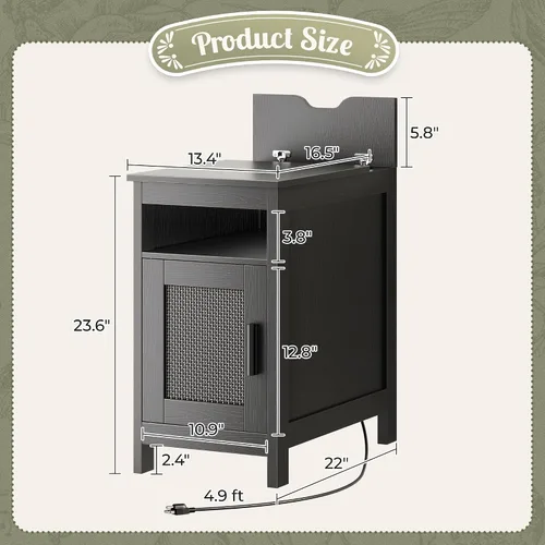 Miniatura 2 de Huuger Mesita de noche estrecha, mesa auxiliar con estación de carga, puerto USB-C, mesa auxiliar de ratán con gabinete y estante abierto, ratán