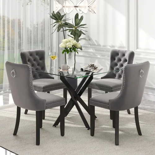 Miniatura 31 de Juego de comedor de 3 piezas con superficie de vidrio transparente, juego de comedor cuadrado minimalista moderno de 36'', juego de mesa de cocina