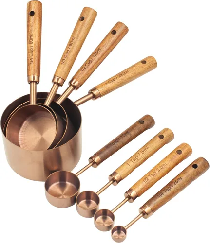 Miniatura 9 de Juego de tazas y cucharas medidoras Muchtolove de 8, taza medidora de acero inoxidable dorada con mango de madera, para Dorado