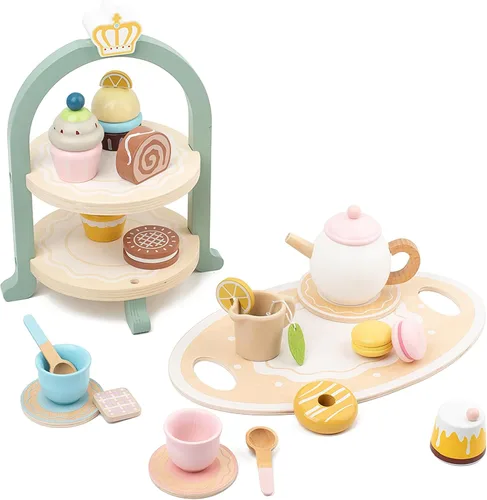 Miniatura 9 de Juego de comida de postre de madera, juego de comida para niños, juego de fiesta de té para niñas pequeñas, juegos de accesorios de cocina de madera