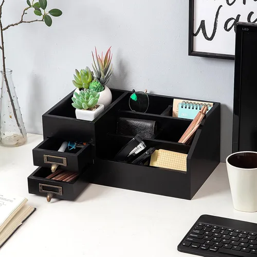 Miniatura 3 de Organizador de escritorio de madera rústica envejecida para oficina, estante de madera, organizador de mesa para el hogar, almacenamiento