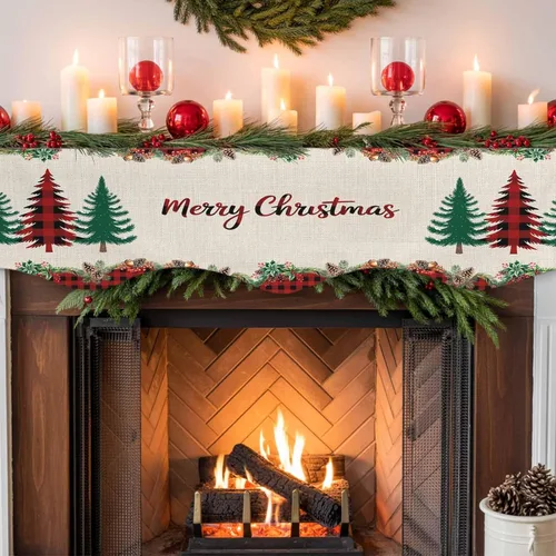 Miniatura 7 de Bufanda para chimenea con árbol de Navidad, 90 x 17 pulgadas, guirnalda de Navidad a cuadros rojos, cubierta de mantel de lino vintage, protector