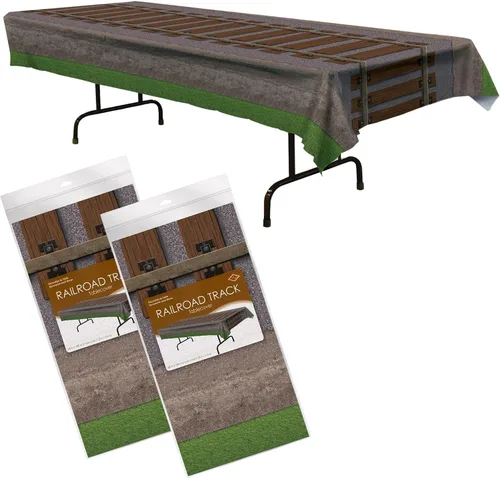 Beistle Mantel de ferrocarril, 54 x 108 pulgadas, 2 piezas, mantel de plástico, decoraciones de fiesta de tren, fiesta de tren de vapor, suministros