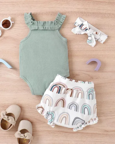 Miniatura 5 de ZZUYFI Conjunto de ropa de verano para bebé recién nacida, conjunto de ropa de verano con estampado floral, mameluco con cordón y diadema corta