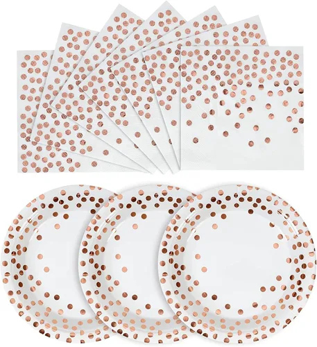 Platos y Servilletas de Papel Blanco y Oro Rosa - Paquete de 50 - 25 Platos de Papel de 7 pulgadas y 25 Servilletas de 6.5 pulgadas, Suministros