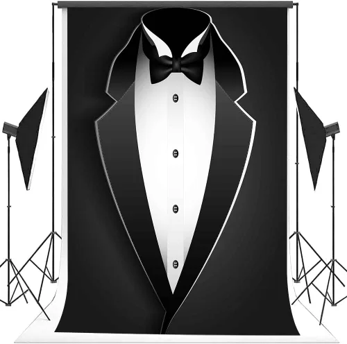 Miniatura 8 de BJRLEM998 - Telón de fondo de esmoquin negro de 3 x 5 pies para hombre, traje de pajarita en blanco y negro, traje de lujo, cumpleaños, cena