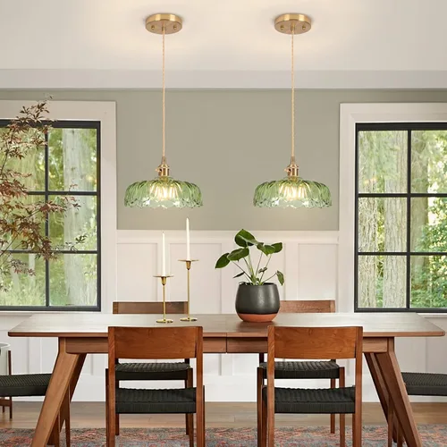 Miniatura 8 de Luces Colgantes para Isla de Cocina, Luz Colgante de Cristal Verde Accesorios de Iluminación Vintage, 9.4 pulgadas E26 Acabado Lámpara Colgante