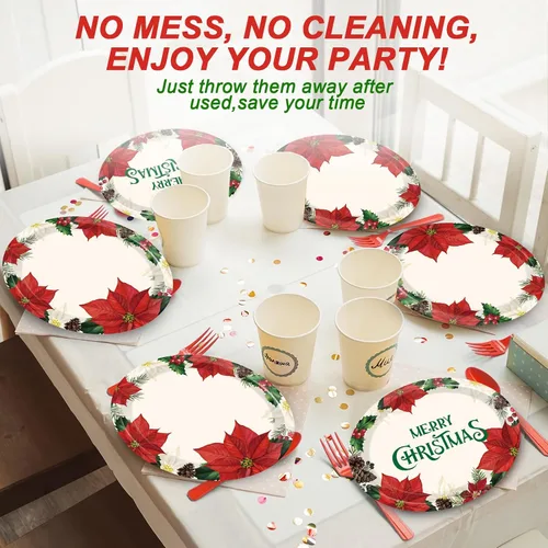 Miniatura 7 de 50 PCS Platos de Papel Ovalados de Navidad Grandes de 11" Desechables Tema de Flor de Pascua Decoraciones de Fiesta Suministros Florales de Invierno
