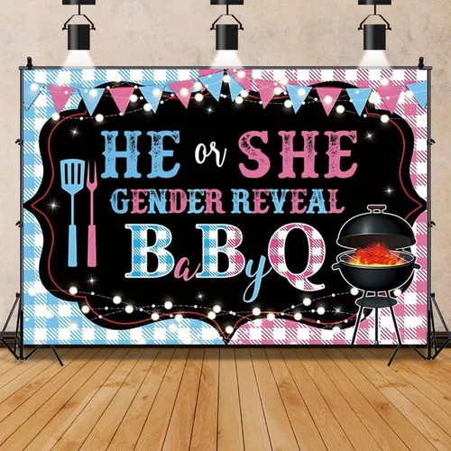 Yeele Telón de fondo para revelación de género de bebé de 5 x 3 pies con texto en inglés "He or she Baby Shower Baby Shower Pink Blue Fotografía