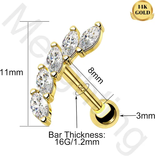 Miniatura 6 de Melighting Aretes de oro macizo de 14 quilates, 0.56 oz, joyería de piercing Tragus de oro transparente con circonita cúbica curvada para cartílago