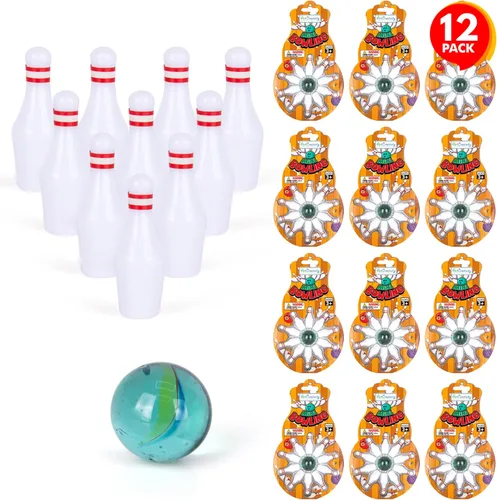 ArtCreativity Recuerdos de fiesta de bolos (paquete de 12) cada juego incluye 10 pines en miniatura y 1 bola de mármol, mini juego de bolos, mini