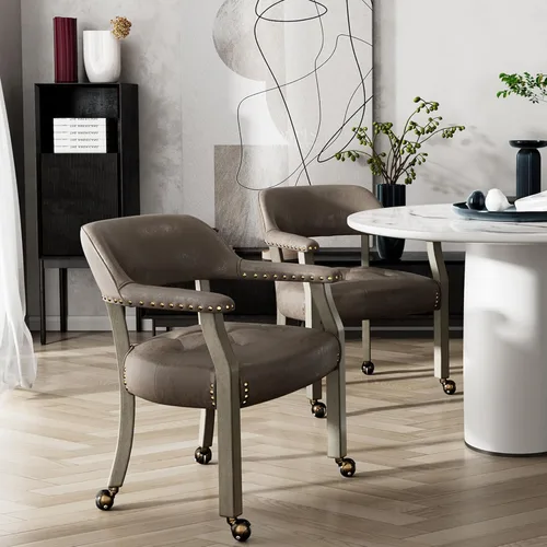 Miniatura 68 de Juego de 8 sillas de cuero de comedor con ruedas y brazos, silla de capitán Accent con ruedas, sillas de madera con ruedas enrollables para cocina