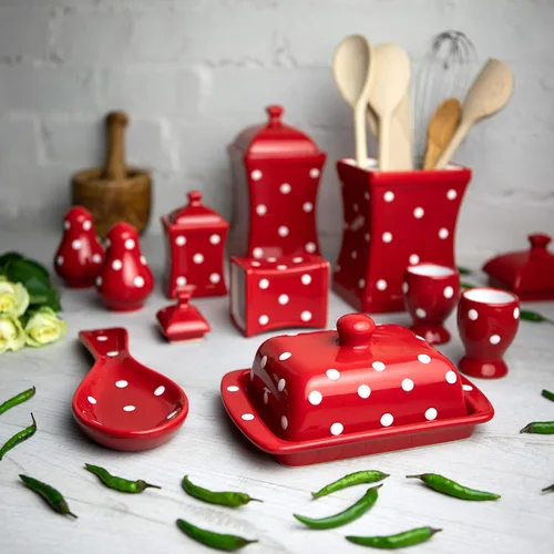 Miniatura 2 de Juego de 10 recipientes de cerámica hechos a mano con lunares rojos y blancos, recipientes grandes y pequeños, mantequilla, tazas de huevo, salero