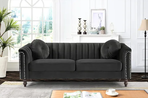Miniatura 6 de Container Furniture Direct Juego de 2 piezas de sofá de terciopelo copetudo con cojines extraíbles y patas de madera torneada, elegantes muebles