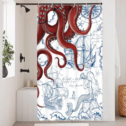 Miniatura 27 de Fungarth Cortina de ducha de pulpo náutico azul, sirena azul marino, divertida cortina de ducha estilo kraken del océano para baño, ancla fresca