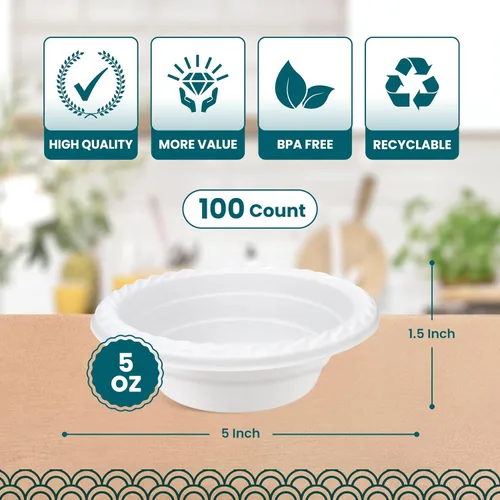 Miniatura 6 de R-kay Tazones de plástico - 100 unidades de tazones desechables aptos para microondas - Tazones de plástico blanco resistentes, de alta resistencia
