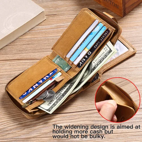 Miniatura 24 de GOIACII Cartera con cremallera para hombre, de piel auténtica, con bloqueo RFID, con cremallera, bolsillo para monedas, para identificación, con Café