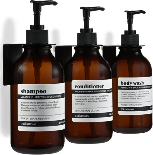 Miniatura 18 de MaisoNovo Dispensador de champú y acondicionador, dispensador de jabón de ducha montado en la pared, juego de 3 botellas de plástico ámbar de 16.9