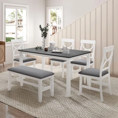 Miniatura 11 de Juego de mesa de comedor de madera de 7 piezas, mesa extensible multifuncional con hojas de 12 pulgadas y 2 cajones, 6 sillas de comedor con cojín