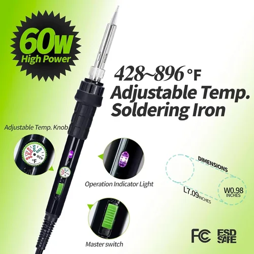 Miniatura 2 de YIHUA 947-III Kit de Soldador de 60W con Temperatura Ajustable con Soporte Adhesivo, Limpiador de Puntas, Esponja de Limpieza, Interruptor