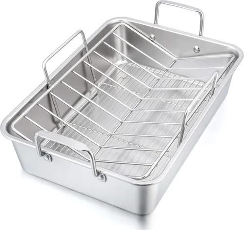 P&P CHEF Asador de 16 pulgadas con estante para hornear y estante en forma de V, sartén rectangular de acero inoxidable para lasaña con asas para
