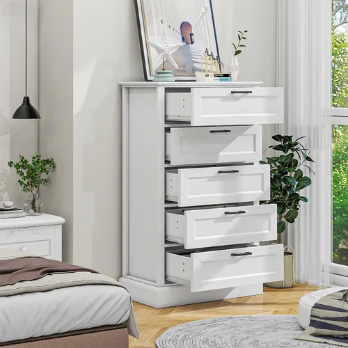 Miniatura 7 de biukpci Cómoda blanca con 5 cajones, almacenamiento vertical para dormitorio, cómoda alta de madera para pasillo, cómoda alta de madera con cajones