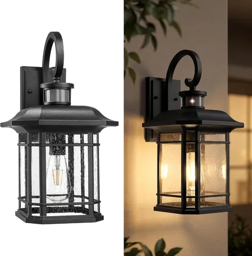 Miniatura 14 de Emliviar Luces de Farol de Pared para Exteriores, Lámpara de Aplique de Pared Exterior de 1 Luz, Acabado Negro con Vidrio Granulado Transparente