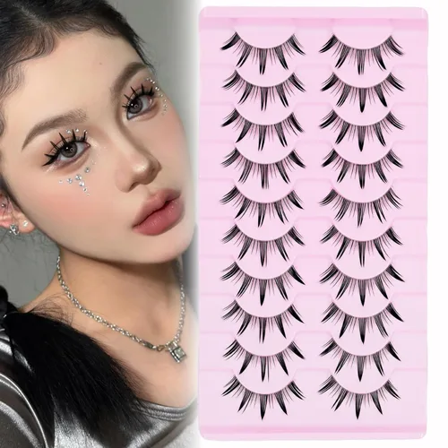 Miniatura 14 de 10 pares de pestañas postizas manga de aspecto natural, racimos ondulados, estilo puntiagudo de 0.630 pulgadas, pestañas japonesas de anime cosplay